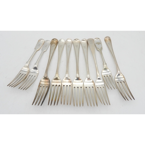 353 - A collection of silver forks including six George III hanoverian thread pattern examples, with engra... 