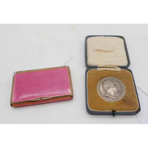 356 - A silver gilt and pink guilloche enamel cigarette case,  body with geometric decoration, the bo... 