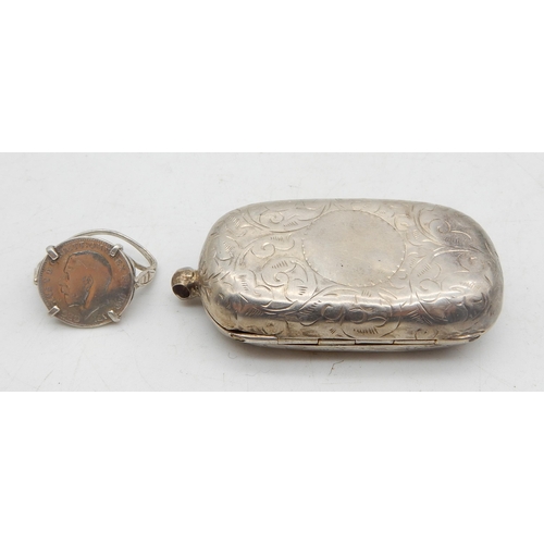 356A - A silver double sovereign case, the shaped body with engraved scrolling foliate decoration surroundi... 