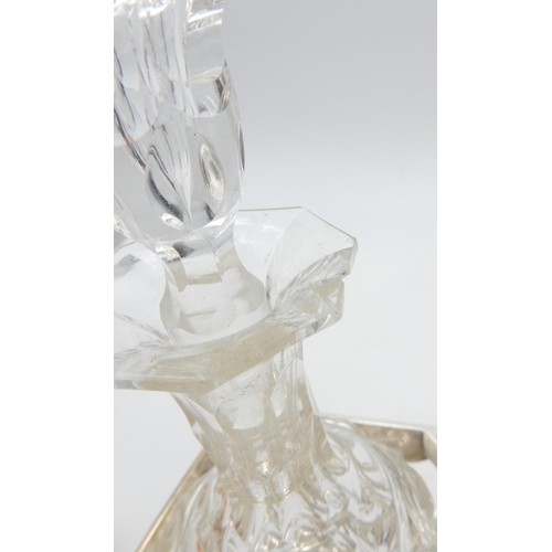 359B - An EPNS two bottle decanter set, the body of faceted form with moulded ribbon swag decoration, on fo... 