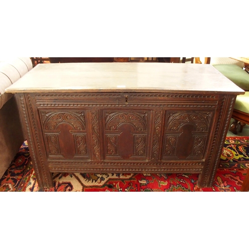 63 - A 19th century stained oak blanket chest with carved panels to front and a mahogany circular topped ... 