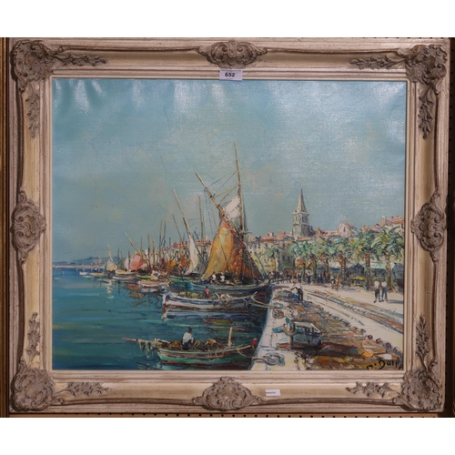 652 - CONTINENTAL SCHOOL Fishing boats in port, signed, oil on canvas, 50 x 60cm