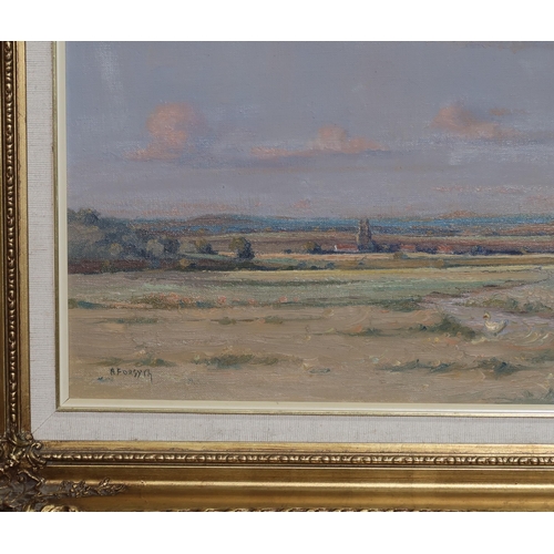 653 - RICHARD FORSYTH Figure and ducks in an extensive landscape, signed, oil on canvas, 60 x 80cm... 