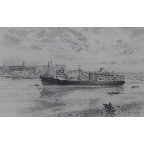 657 - GRAHAM MILLER Ship at anchor before a city, signed, pencil, 15 x 24cm