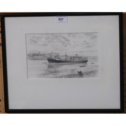 657 - GRAHAM MILLER Ship at anchor before a city, signed, pencil, 15 x 24cm