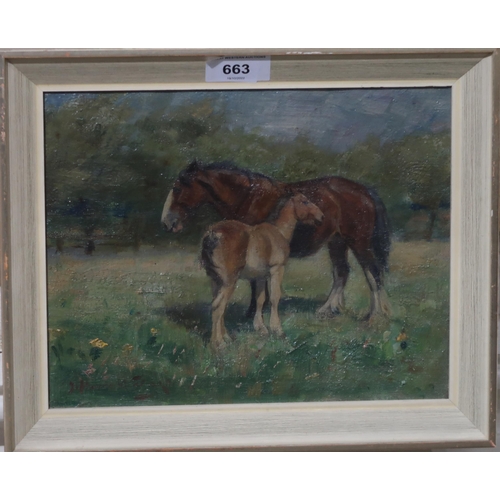 663 - SCOTTISH SCHOOL Shire horse and foal, oil on canvas, 20 x 24cm