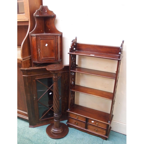 70 - A Victorian mahogany glazed hanging corner cabinet, another mahogany corner cabinet, mahogany open b... 