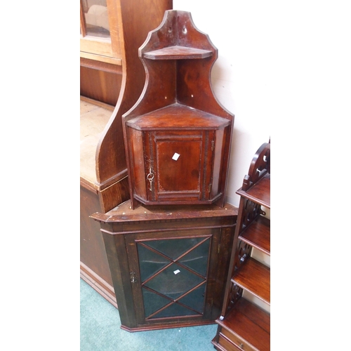 70 - A Victorian mahogany glazed hanging corner cabinet, another mahogany corner cabinet, mahogany open b... 