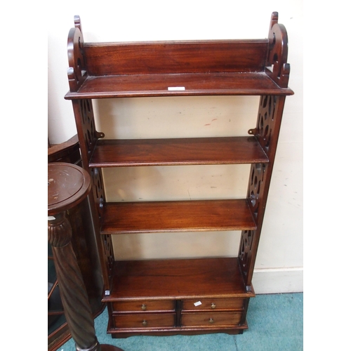 70 - A Victorian mahogany glazed hanging corner cabinet, another mahogany corner cabinet, mahogany open b... 