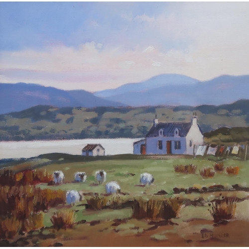 745 - ED HUNTER (SCOTTISH) DRYING DAY, HARRIS Oil on canvas, signed lower right, 28 x 28cm ... 