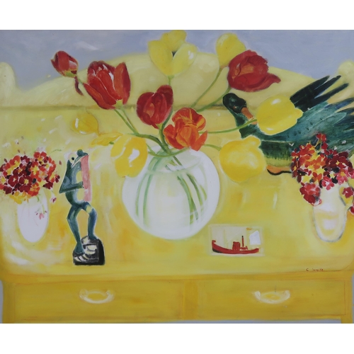 752 - CHRISTINE IRONSIDE (SCOTTISH b.1953)STILL LIFE WITH FLOWERS AND ORNAMENTSOil on canvas, signed lower... 