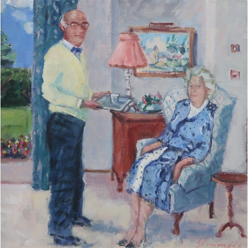 753 - CONNIE SIMMERS (SCOTTISH b.1941) OLD COUPLEOil on board, signed lower right, 38 x 39cmTogether ... 