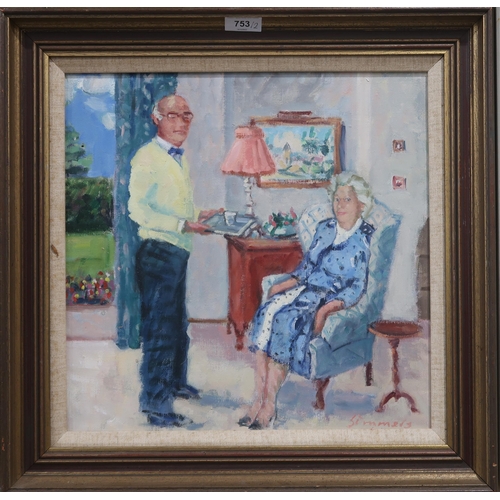 753 - CONNIE SIMMERS (SCOTTISH b.1941) OLD COUPLEOil on board, signed lower right, 38 x 39cmTogether ... 