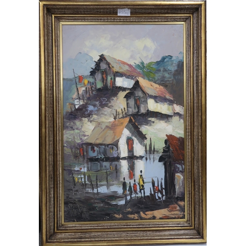 755 - PABLO MATANIA (ARGENTINAN b.1936) VILLAGE SCENES Oil on board, signed lower left, dated, (... 