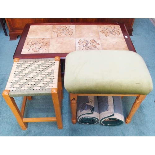 76 - A mid 20th century stained teak tile top coffee table, pair of mahogany bedroom chairs, upholstered ... 