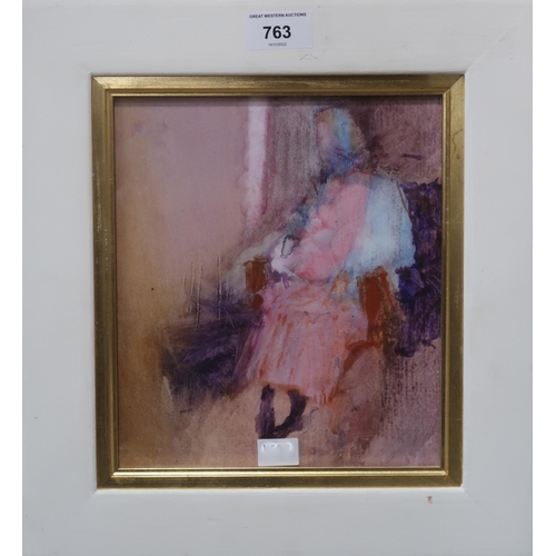 763 - DRUMMOND MAYO RSW (SCOTTISH 1929-2021)WAITING Oil on board, signed lower left, 22 x 19cm... 