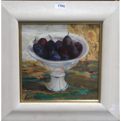 770 - GERALDINE GIRVAN (SCOTTISH b.1947) PLUMS IN COMPOTE Oil on board, signed lower left, 27 x ... 