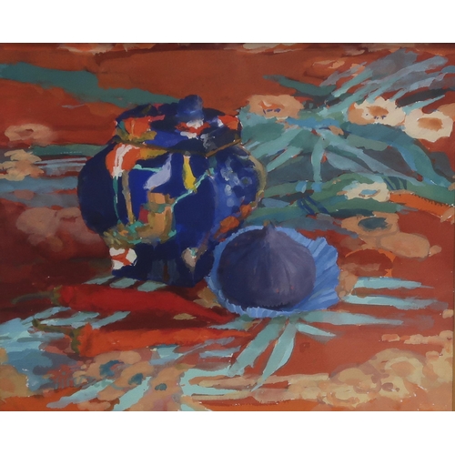 770 - GERALDINE GIRVAN (SCOTTISH b.1947) PLUMS IN COMPOTE Oil on board, signed lower left, 27 x ... 