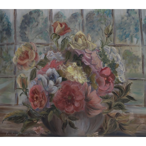 774 - PAULINE NIXON (BRITISH) FLOWERS IN A WINDOW Oil on board, signed lower left, dated (19)72,... 