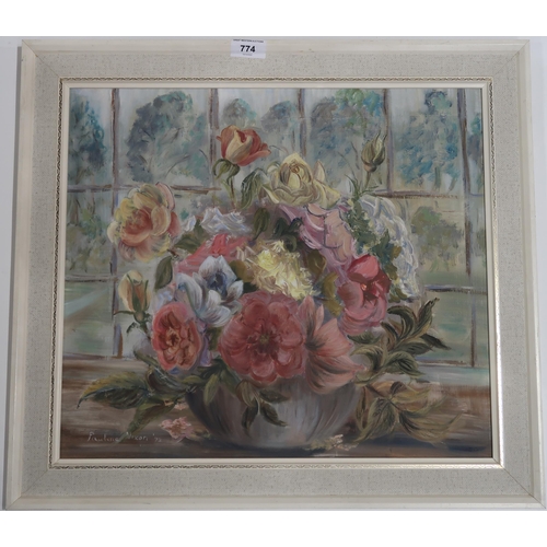 774 - PAULINE NIXON (BRITISH) FLOWERS IN A WINDOW Oil on board, signed lower left, dated (19)72,... 