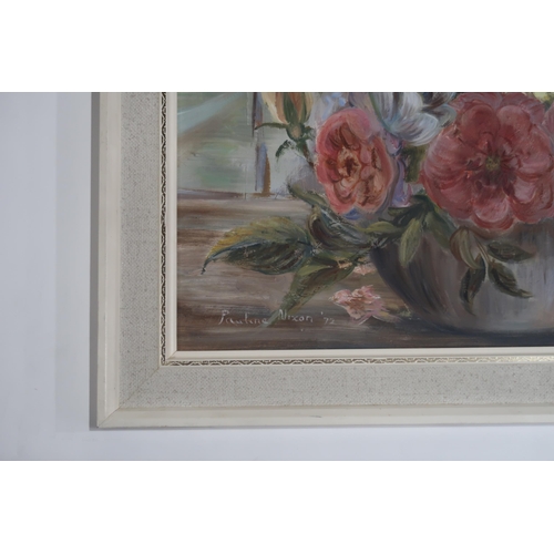 774 - PAULINE NIXON (BRITISH) FLOWERS IN A WINDOW Oil on board, signed lower left, dated (19)72,... 