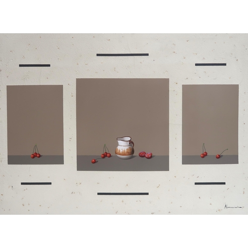 776 - BRITISH SCHOOL TRIPTYCH WITH CHERRIES AND CERAMIC JUG Mixed media on canvas with plaster g... 