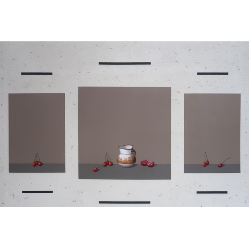 776 - BRITISH SCHOOL TRIPTYCH WITH CHERRIES AND CERAMIC JUG Mixed media on canvas with plaster g... 