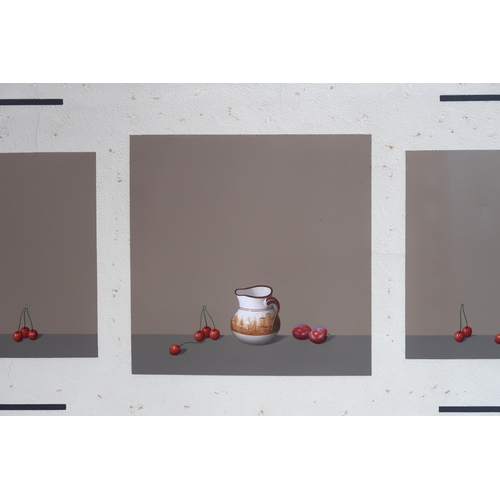 776 - BRITISH SCHOOL TRIPTYCH WITH CHERRIES AND CERAMIC JUG Mixed media on canvas with plaster g... 