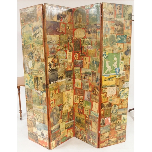 83 - A late 19th/early 20th century four panel room divider decoupaged with various assorted scraps