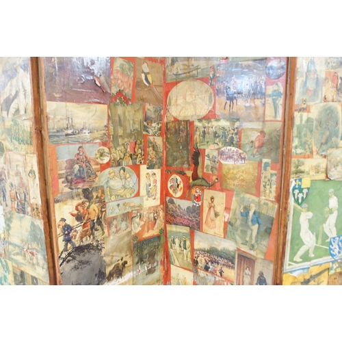 83 - A late 19th/early 20th century four panel room divider decoupaged with various assorted scraps