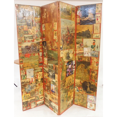 83 - A late 19th/early 20th century four panel room divider decoupaged with various assorted scraps