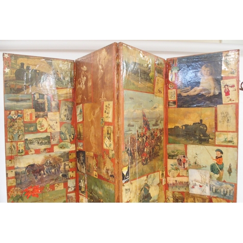 83 - A late 19th/early 20th century four panel room divider decoupaged with various assorted scraps