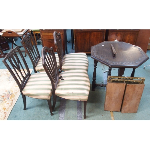 91 - A Victorian stained oak octagonal topped window table, pair of shield back dining chairs, two furthe... 