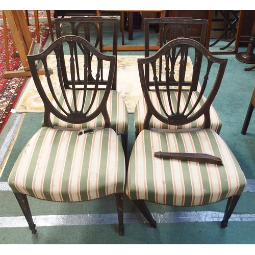 91 - A Victorian stained oak octagonal topped window table, pair of shield back dining chairs, two furthe... 