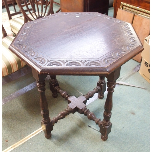 91 - A Victorian stained oak octagonal topped window table, pair of shield back dining chairs, two furthe... 