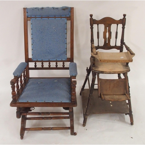 92 - A 20th century mahogany framed American rocking chair and a late Victorian beech child's high chair ... 