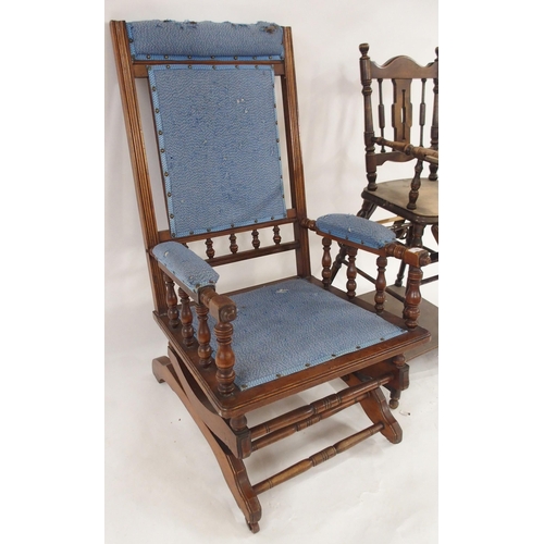 92 - A 20th century mahogany framed American rocking chair and a late Victorian beech child's high chair ... 