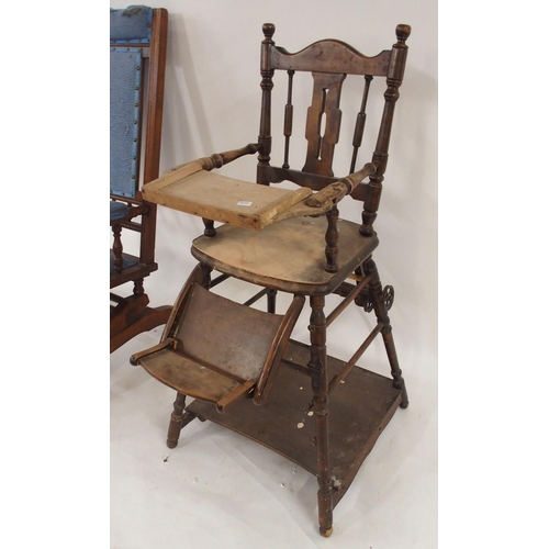 92 - A 20th century mahogany framed American rocking chair and a late Victorian beech child's high chair ... 