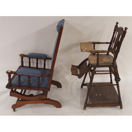 92 - A 20th century mahogany framed American rocking chair and a late Victorian beech child's high chair ... 