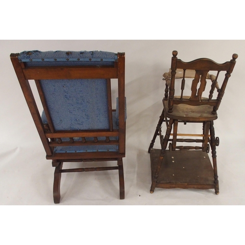 92 - A 20th century mahogany framed American rocking chair and a late Victorian beech child's high chair ... 