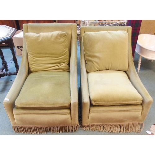 93 - A pair of green velour upholstered armchairs (2)