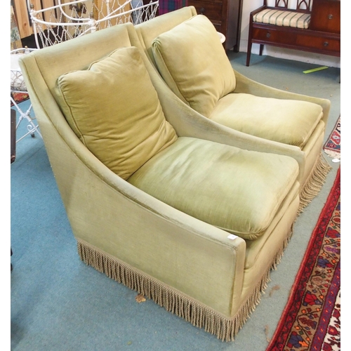 93 - A pair of green velour upholstered armchairs (2)