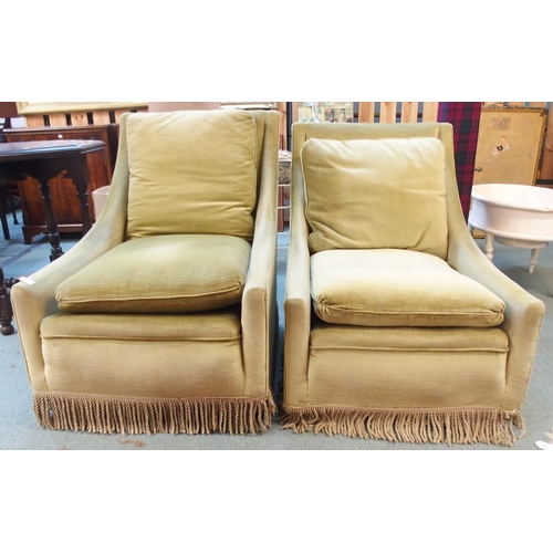 93 - A pair of green velour upholstered armchairs (2)