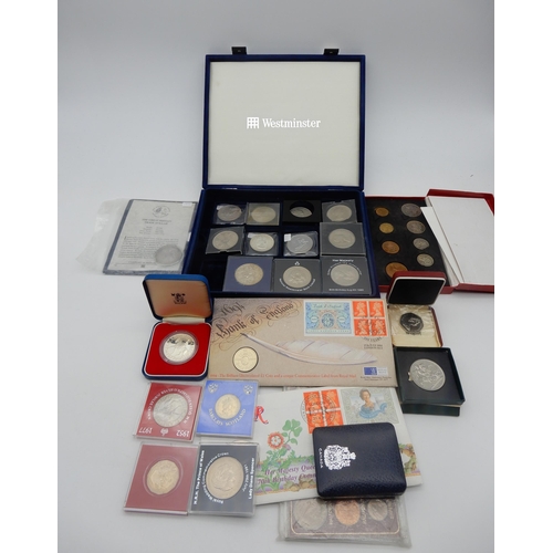 369E - A Royal Mint 1950 proof coin set together with a Great Britain Silver Trade Dollar, Churchill crowns... 