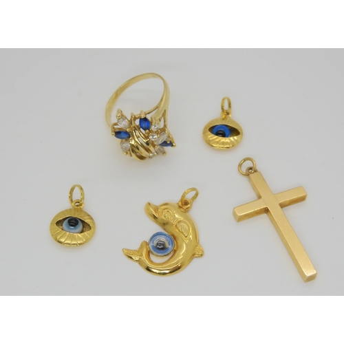 568 - Three 18k Mediterranean evil eye pendants weight 3.6gms, a 14k gem cluster ring, weight 4.4gms, and ... 