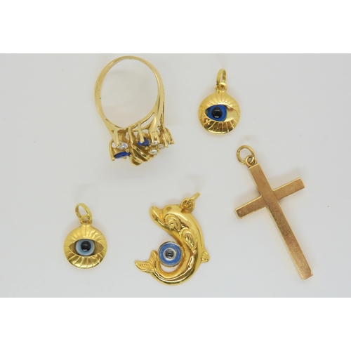 568 - Three 18k Mediterranean evil eye pendants weight 3.6gms, a 14k gem cluster ring, weight 4.4gms, and ... 