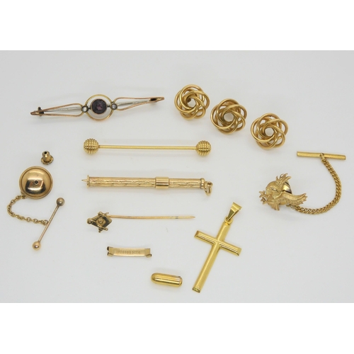 569 - A collection of 18ct, 9ct and yellow metal items to include, an 18ct gold cross weight 1.6gms  a 9ct... 