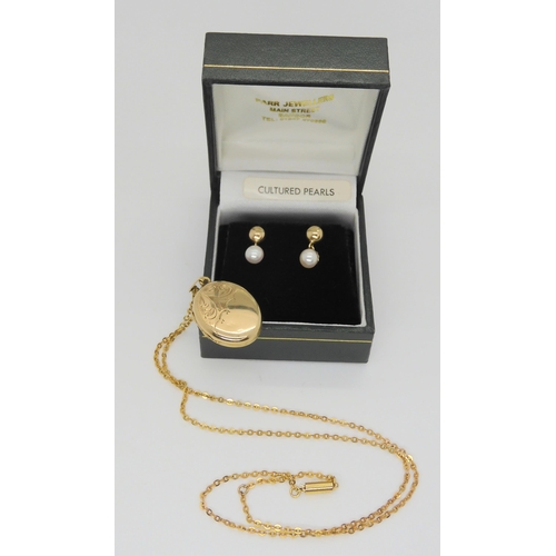 577 - A 9ct back and front locket, 9ct chain and a pair of 9ct gold pearl earrings, weight 5.9gms