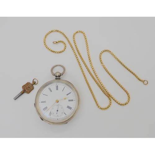 616 - A continental silver open face pocket watch diameter 5.2cm, together with a key and a gold plated ch... 