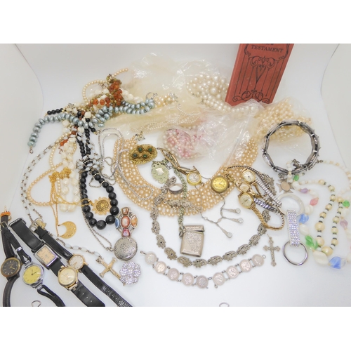 638 - A large wooden box full of vintage costume jewellery, watches and beads